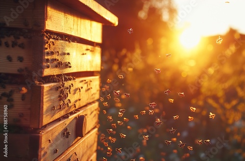 Honeycomb and bees in soft sunlight, a commercial visual feast, resonating with natural industry.