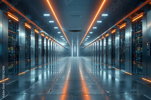 modern data center with rows of fully operational server racks illuminated by overhead lights