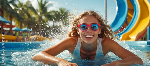 Portrait of a beautiful girl in a water park in summer holiday