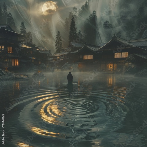 A vengeful spirit causing ripples in the water of an onsen town