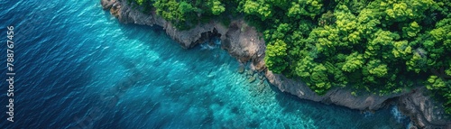 Aerial view of a luminous sea alongside a verdant cliff, soft tones, fine details, high resolution, high detail, 32K Ultra HD, copyspace