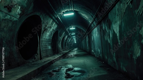 Dark and creepy underground tunnel with no people and artificial lighting
