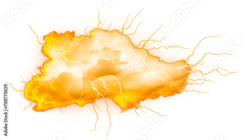fluffy flying rainy yellow cloud PNG with yelloww lightening strikes isolated on a white and transparent background - dramatic floating storm cloud stratosphere fog atmosphere weather concept