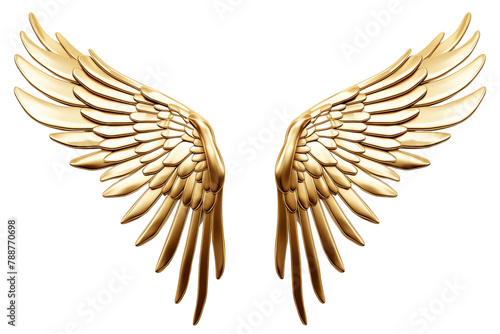 Realistic Celestial angel golden wings PNG isolated on a white and transparent background - heavenly ascension seraphic guardian angelic gold feathers