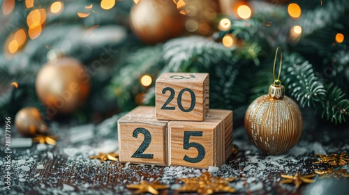 a festive and elegant greeting for the new year 2025 The new year 2025 is highlighted by wooden blocks