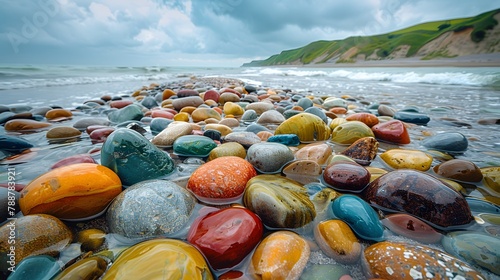 raw beauty of nature with colorful rocks strewn across the shoreline of a remote beach, their vibrant hues creating a mesmerizing contrast against the rugged landscape