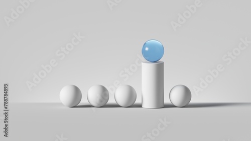 3d render, abstract minimalist geometric background. Blue glass ball on the top of white cylinder in the row of white balls. Isolated objects. Outstanding concept, one of a kind, advantage metaphor.