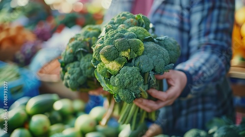 Market seller showing broccoli bunches, cruciferous healthy vegetables in local grocery