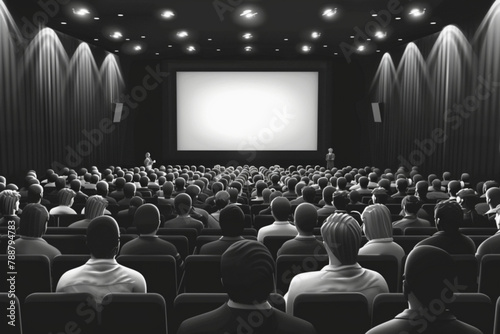 Cinema theater. Spectators, men and women sit in the hall at the premiere of the motion picture, rear view 3D avatars set vector icon, white background, black colour icon