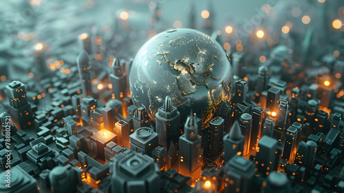 3D concept of the world surrounded by urban constructions. The world is painted in tints of topaz and viridian. creating a mood of invention and global evolution. In a magnified perspective