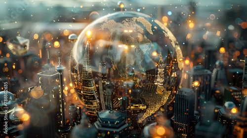 3D concept of the world surrounded by urban constructions. The world is painted in tints of topaz and viridian. creating a mood of invention and global evolution. In a magnified perspective