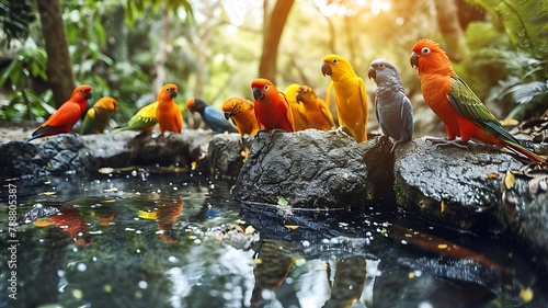 Tropical Gathering: A Flock of Colorful Parakeets Gathered Around, Bringing Vibrancy to the Canopy with Their Playful Chatter