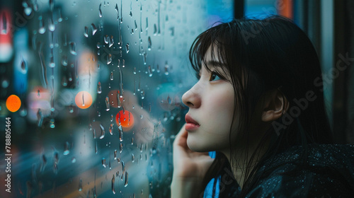 雨の日に外を見る女性