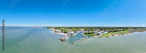 Panoramic shot of the harbor with moored boats. Freeport Marina, Hilton Head, South Carolina