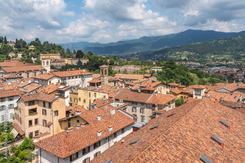 View of Bergamo from the Campanone tower of the old town, Lombardy, Italy