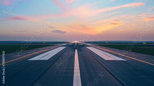 A photo capturing the view down the length of an airport runway, showcasing. AI Created.