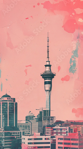 Collage illustration of Auckland Skyline showcasing the Sky Tower, city streets, the CBD, buildings, iconic sights, travel tourism.
