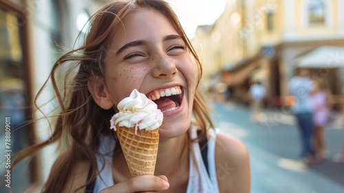 Laughing teenage girl eating ice cream cones on city street - Young female enjoying icecream outside - Summer lifestyle concept.
