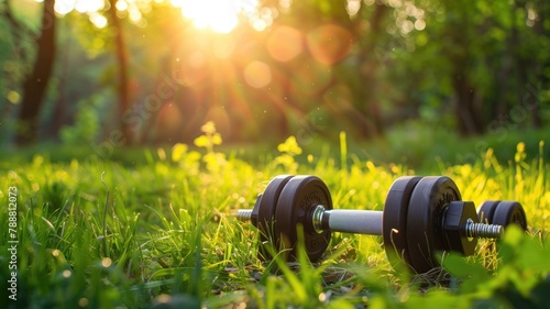 Dumbbells on grass in sunlight, concept of outdoor exercise and fitness