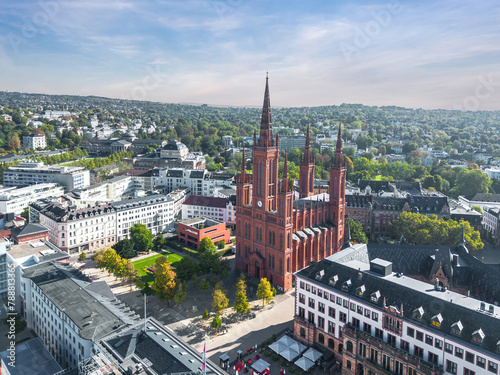 Aerial summer skyline cityscape of Wiesbaden-Mitte: Schlossplatz, Marktkirche. Wiesbaden, Hesse, Germany. 