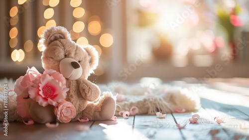 Bear with pink flowers under warm light blurred lights in background