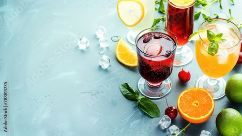 Assorted refreshing beverages with citrus fruits and ice cubes on blue surface