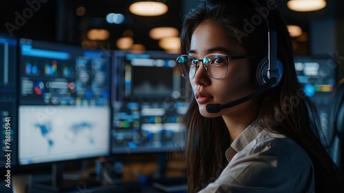 Confident Female Data Scientist Works on Personal Computer Wearing a Headset in Big Infrastructure Control and Monitoring Room. Woman Engineer Works with Network Logics in Office Room with Colleagues.