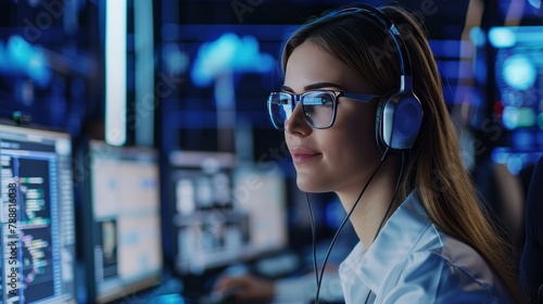Confident Female Data Scientist Works on Personal Computer Wearing a Headset in Big Infrastructure Control and Monitoring Room. Woman Engineer Works with Network Logics in Office Room with Colleagues.