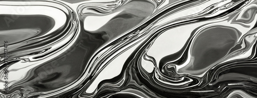 Silver swirls of mercury create an abstract liquid metal pattern. The metallic texture flows elegantly, displaying reflective beauty in a monochrome panorama with copy space.