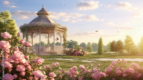 A beautiful garden with a gazebo in the center. The gazebo is surrounded by lush pink roses.