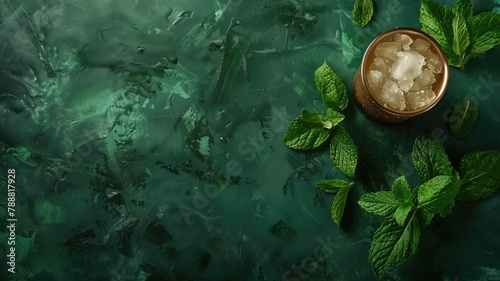 Copper mug with crushed ice drink surrounded by fresh mint leaves on dark green, textured background