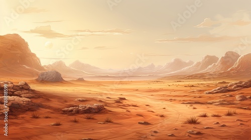 A vast and desolate desert landscape with a clear blue sky. The ground is covered in sand and rocks, with a few hardy plants struggling to survive.