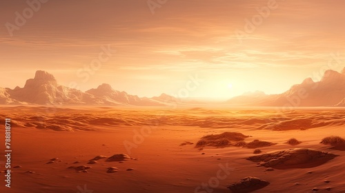 A vast and desolate desert landscape with a rocky mountain range in the distance. The ground is covered in red sand and there is no sign of life.