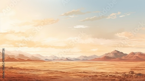 An epic landscape of a vast desert with rugged mountains in the distance. The foreground is a barren wasteland with sparse vegetation.