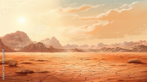 A vast desert landscape with a clear blue sky and a bright sun. The ground is covered in cracked earth, and there are mountains in the distance.