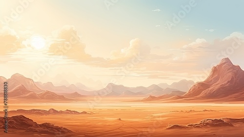 This is a beautiful landscape of a desert with mountains in the background. The warm colors of the sand and sky create a peaceful and serene scene.
