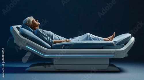 healthy elderly person sleeping on electric bed, function of the bed and the comfort of the person. dark background