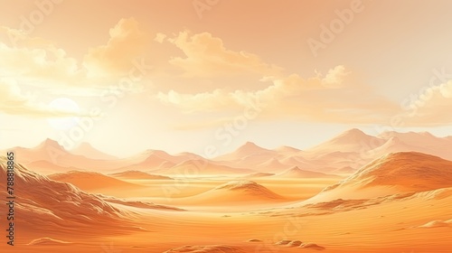 This is a beautiful landscape of a desert with rolling sand dunes and a bright sun in the sky.