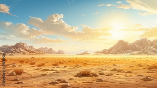 This is a beautiful landscape of a desert with mountains in the distance. The ground is covered in sand and rocks, with a few plants scattered around.