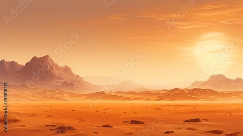 This is a beautiful landscape of a desert with mountains in the background. The warm colors of the sand and sky create a peaceful and serene scene.