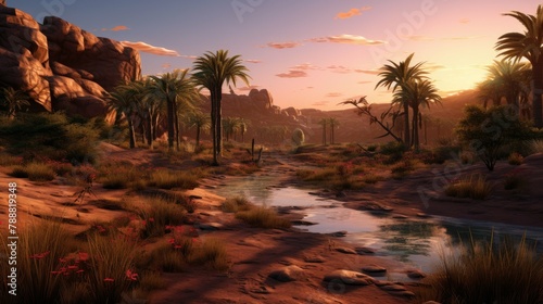 This is a beautiful landscape image of a desert oasis. The oasis is surrounded by palm trees and has a river running through it.