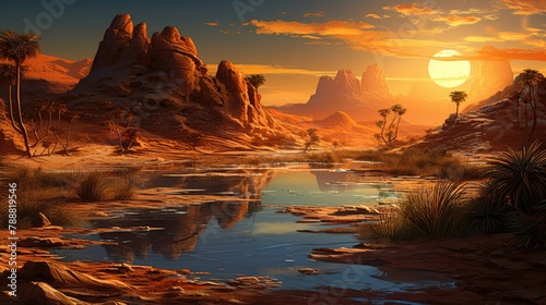 An oasis in the middle of a desert with a beautiful sunset.