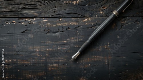 Fountain pen on textured dark wooden surface
