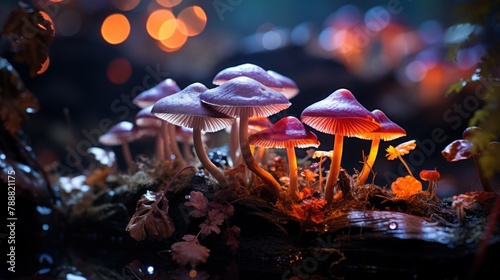 Mushrooms in the forest. Colorful bokeh background.