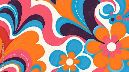 Groovy psychedelic 60s and 70s retro floral pattern. Hippie trippy abstract colorful background in vector. Vintage wallpaper.