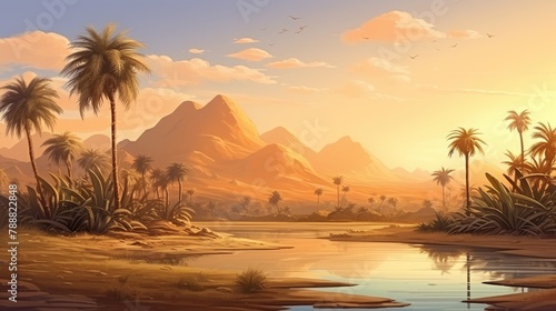 This is a beautiful landscape of a desert oasis. There are palm trees, mountains, and a river. The colors are warm and inviting.