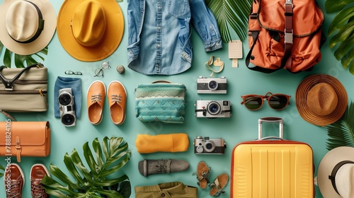 Flat lay of clothing items meticulously packed in luggage for a summer holiday vacation