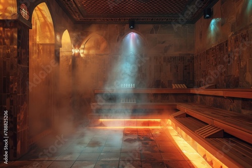 Steam bath in a large room with benches. Hammam background 