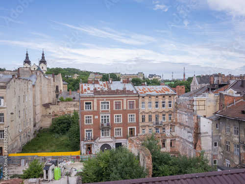 historical scenery of lviv old city seen from the rooftop