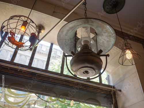 traditional lantern hanged from the ceiling of cafe in lviv old city